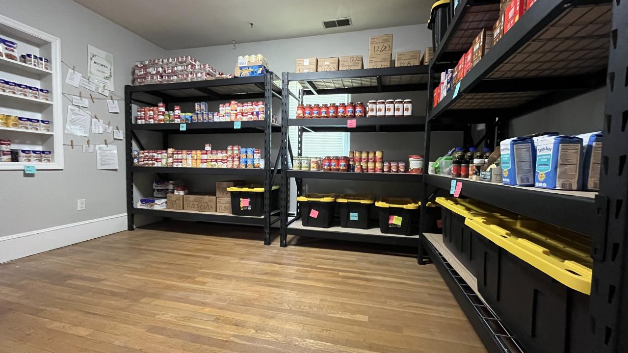 Pantry shelves with food