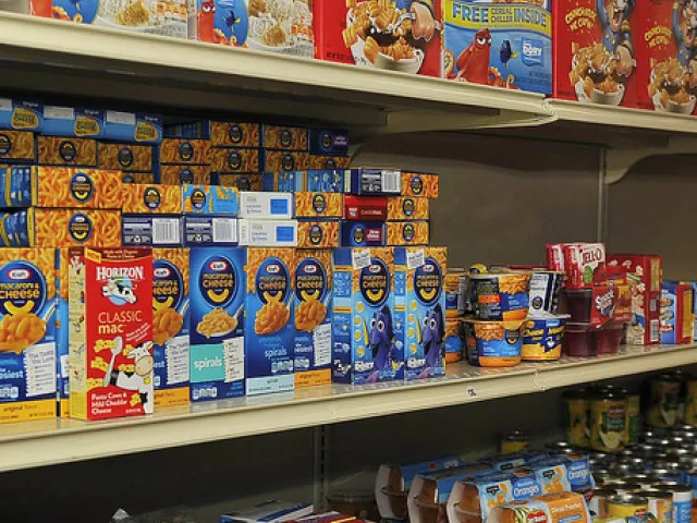 Shelves full of boxed food items like cereal and macaroni & cheese.