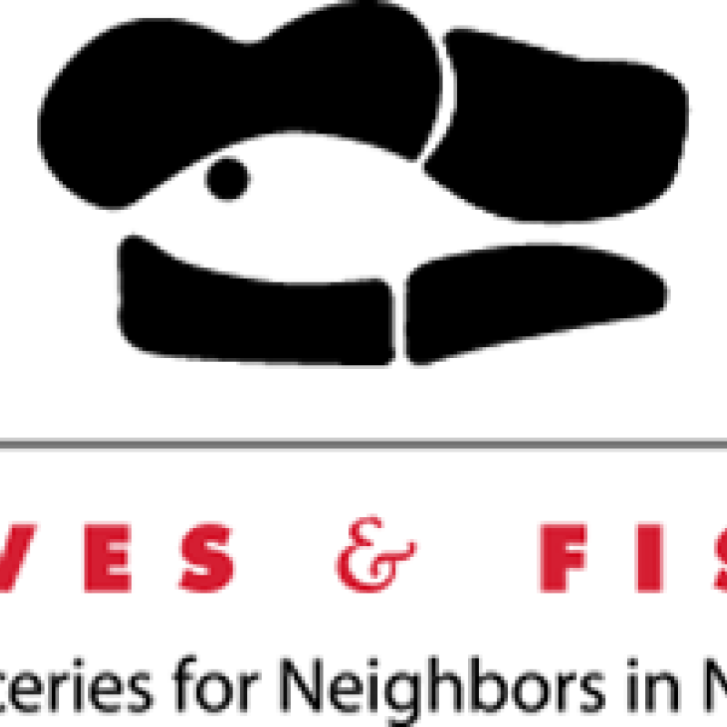 Loaves & Fishes company logo. Image of fish inside a loaf of bread. Text reads Loaves & Fishes Groceries for Neighbors in Need